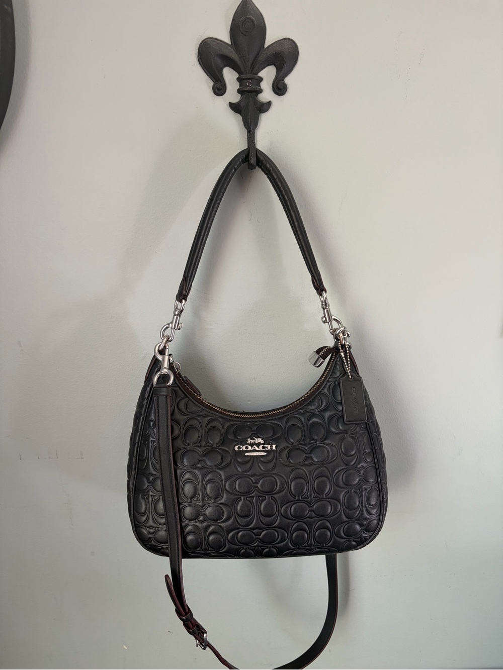 COACH Black Napa Signature Leather Teri Hobo Shoulder Bag Logo/ Silver Hardware
